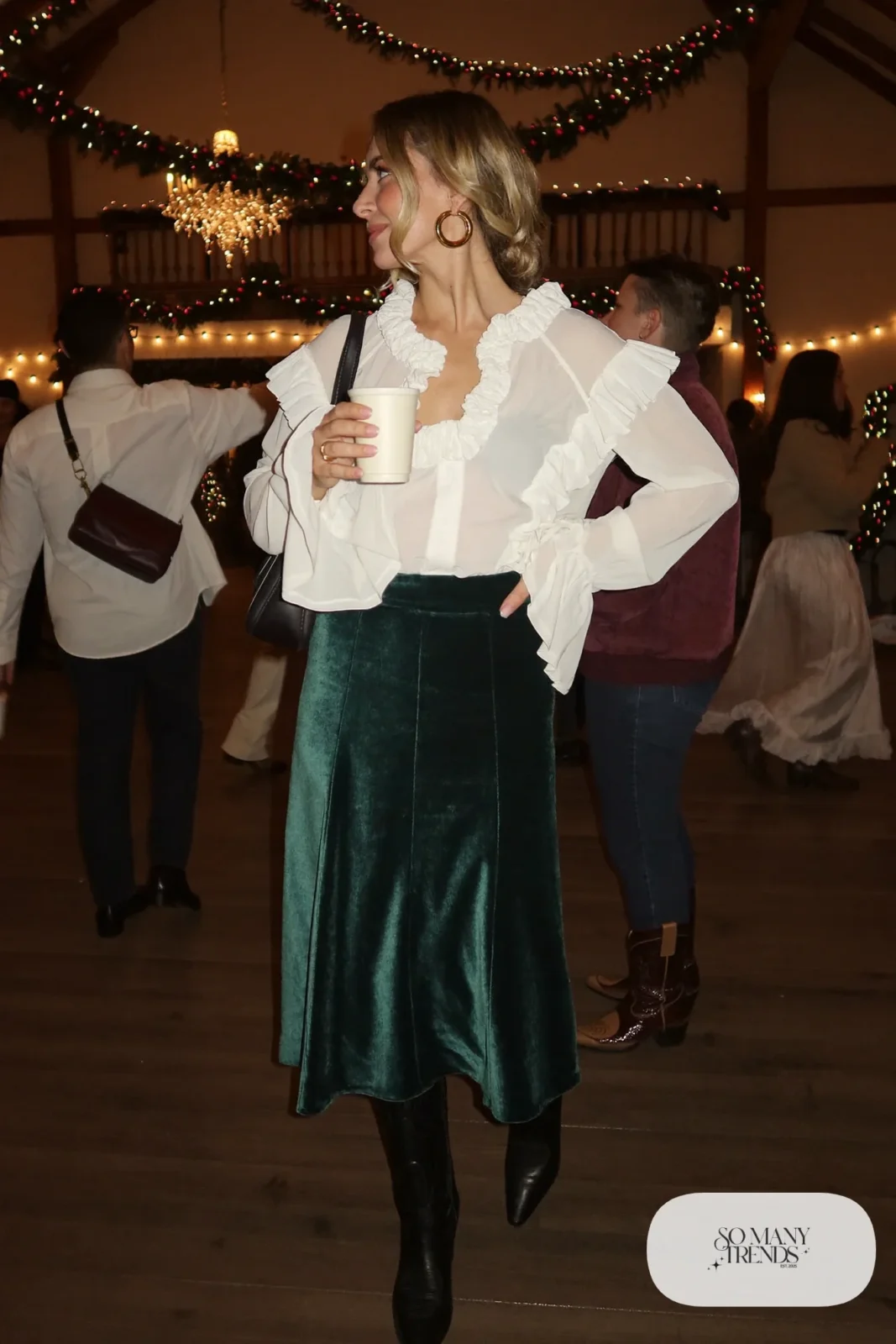 forest green velvet midi skirt white western ruffle yoke blouse black cowboy boots gold hoops outfit 20