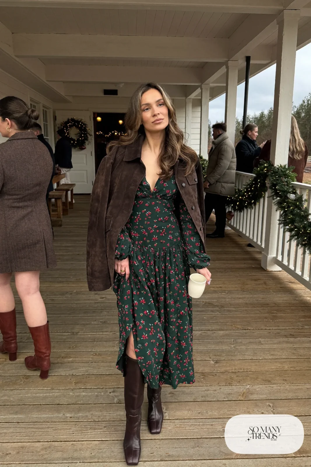 dark floral midi dress brown suede jacket tall brown boots outfit 23