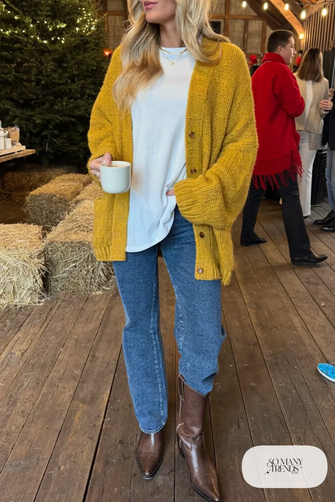mustard gold chunky cardigan white tee straight jeans brown cowboy boots simple necklace outfit 24
