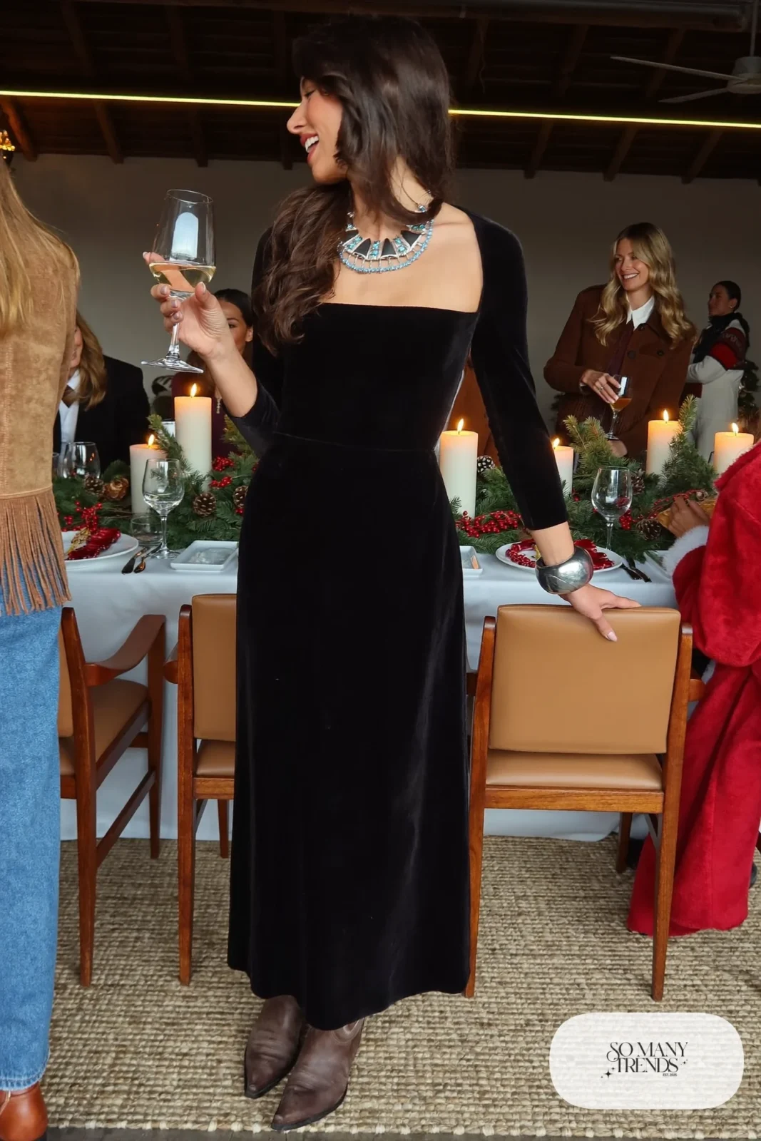 black velvet long sleeve midi dress turquoise necklace silver cuff brown cowboy boots outfit 27