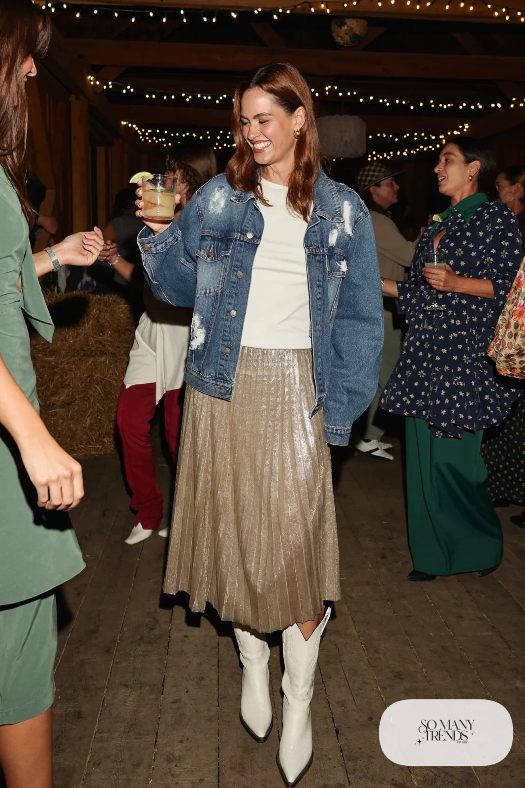 champagne metallic pleated midi skirt oversized denim jacket white tee white cowboy boots outfit 28