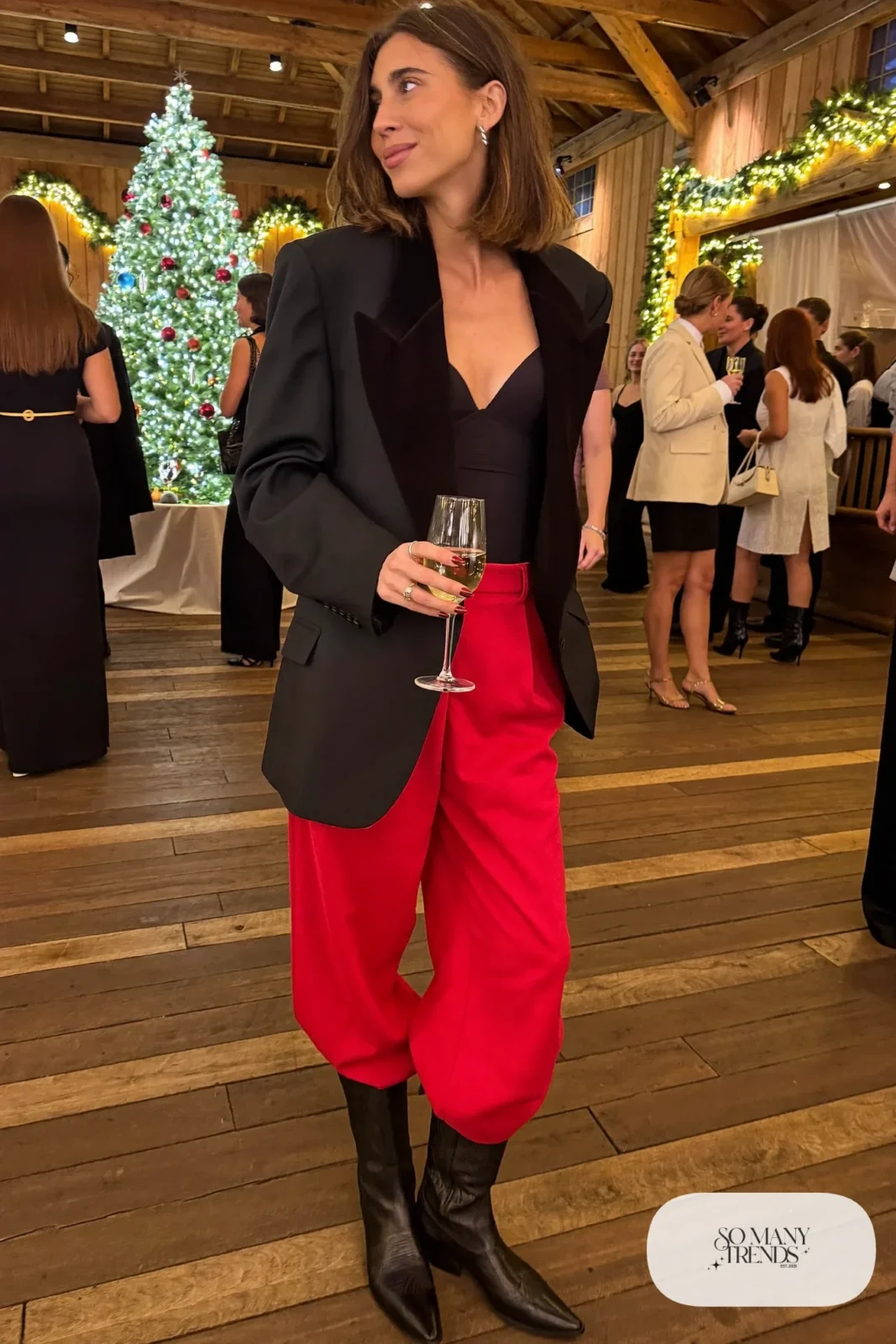 red wide-leg pants oversized black western blazer suede yoke black bodysuit black cowboy boots outfit 29
