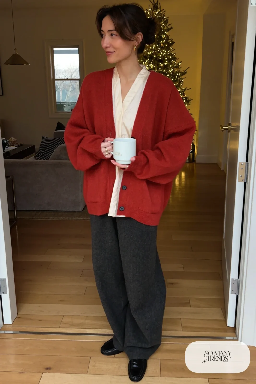 cranberry oversized cardigan ivory silk blouse charcoal wide-leg pants black loafers outfit 1
