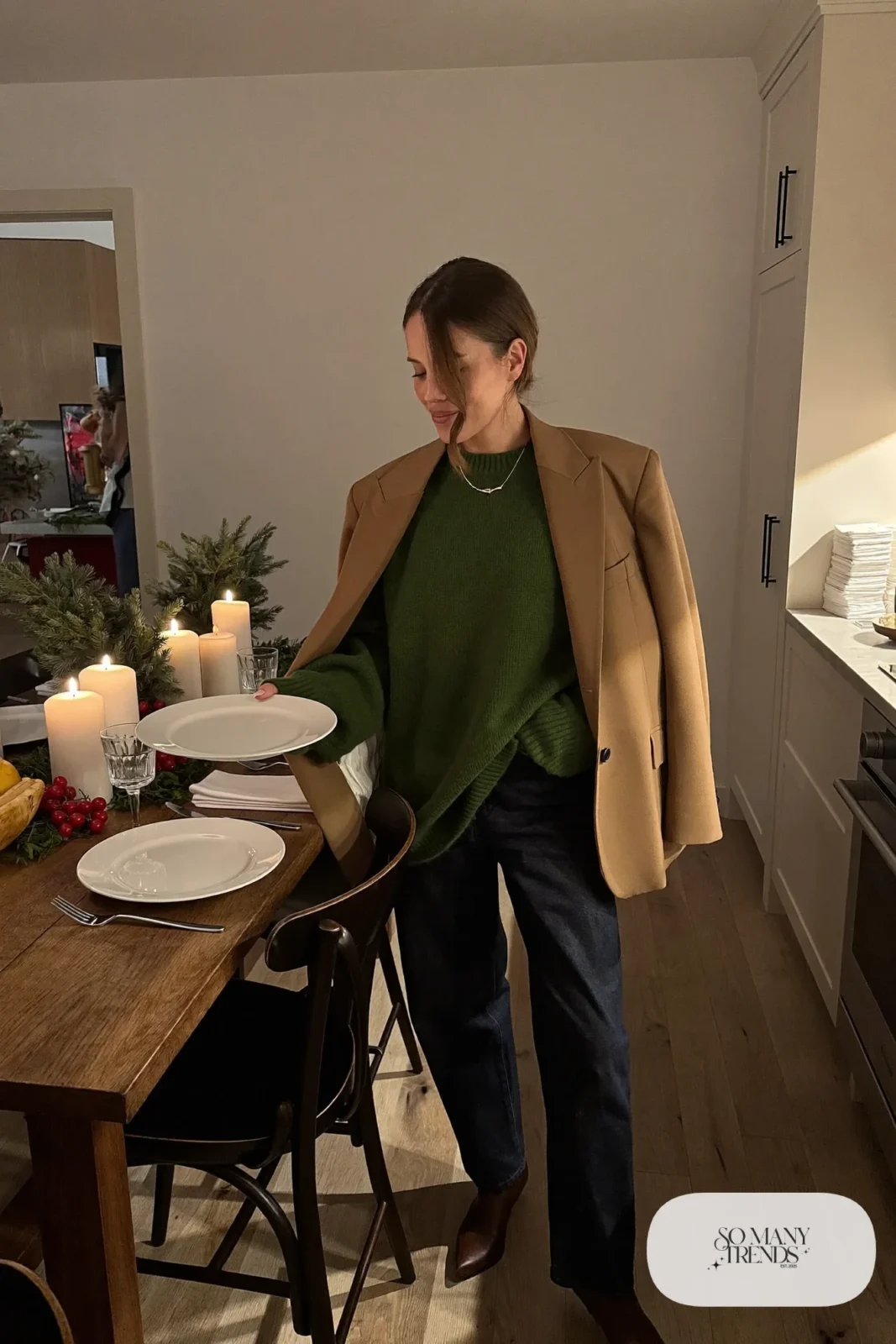 forest green knit sweater camel oversized blazer dark straight jeans brown leather ankle boots outfit 2
