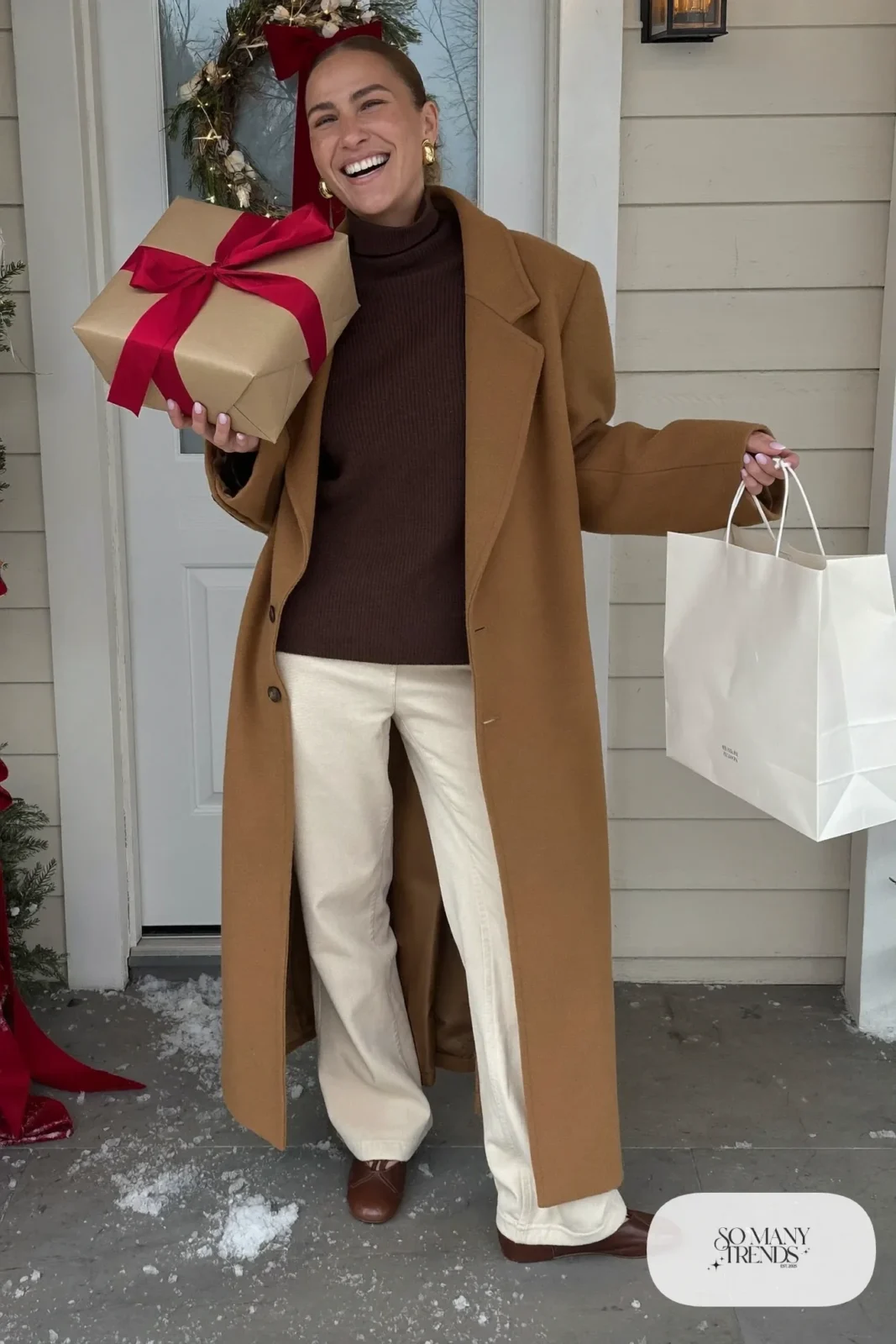 chocolate brown ribbed turtleneck cream straight pants long camel coat flats outfit 3