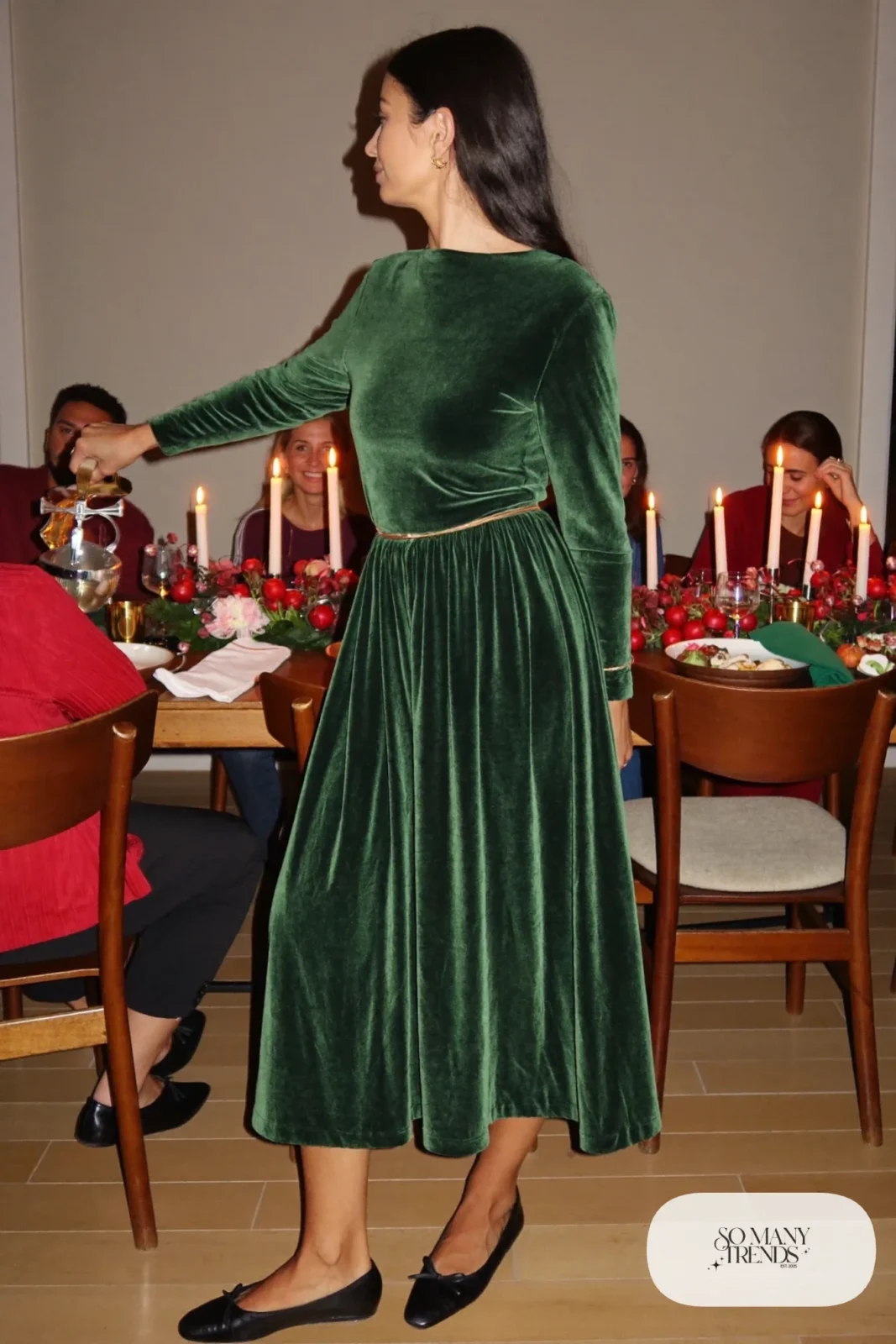 forest green velvet long sleeve midi dress black leather ballet flats gold earrings outfit 7