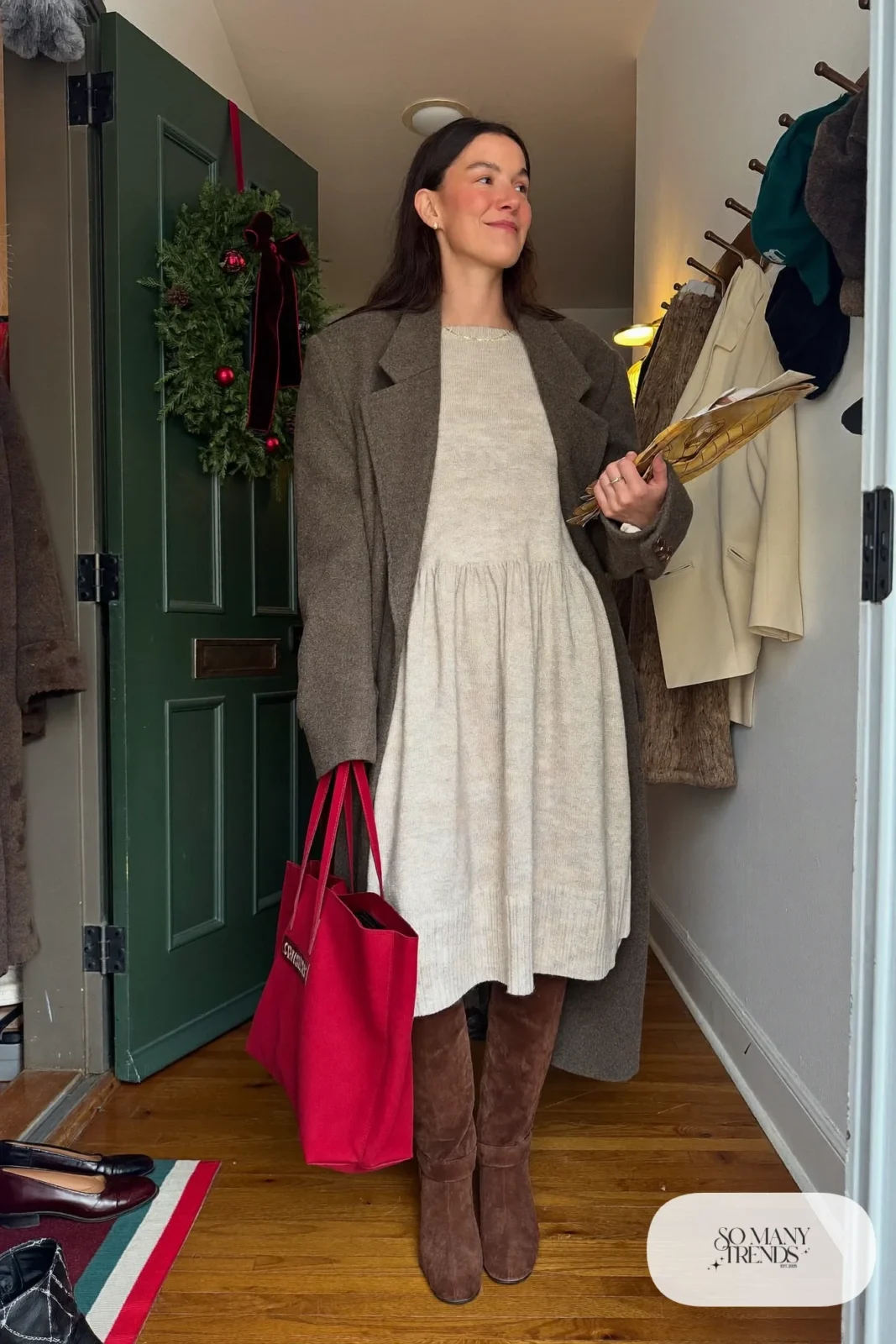 oatmeal ribbed knit midi dress tall brown suede boots long wool coat outfit 8