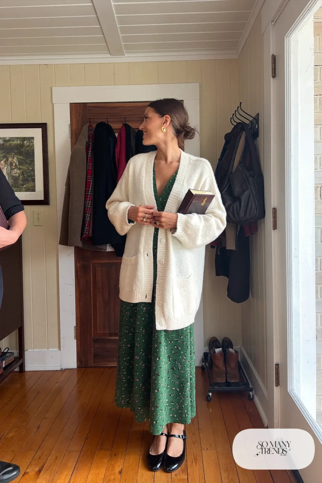 dark green floral long sleeve midi dress cream oversized cardigan black mary janes outfit 11