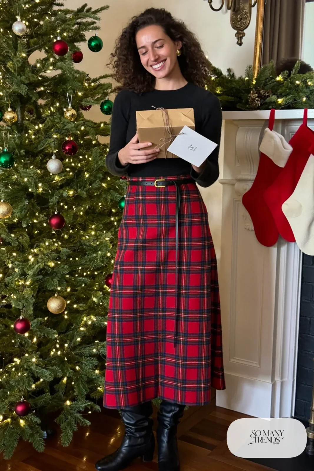 red plaid wool midi skirt black fine knit sweater black tall boots outfit 13