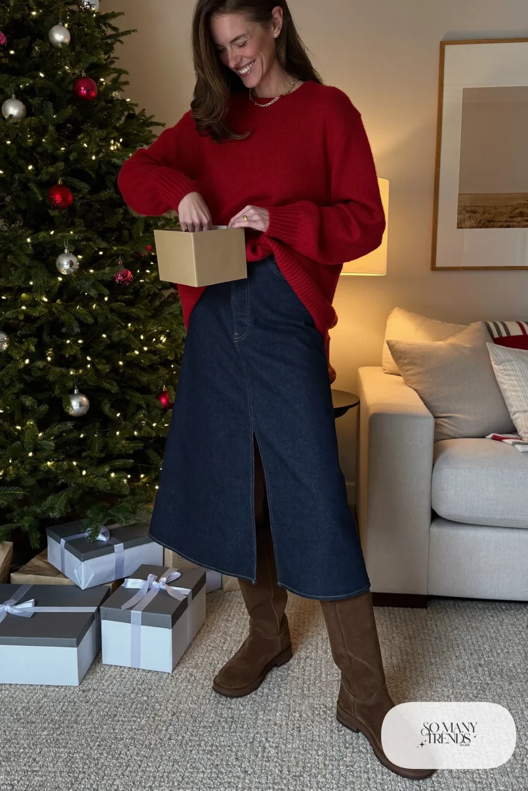 dark denim midi skirt red knit sweater brown tall boots gold chain necklace outfit 17