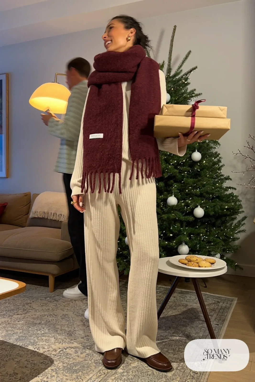 cream ribbed knit top matching wide-leg pants cranberry scarf brown loafers outfit 22