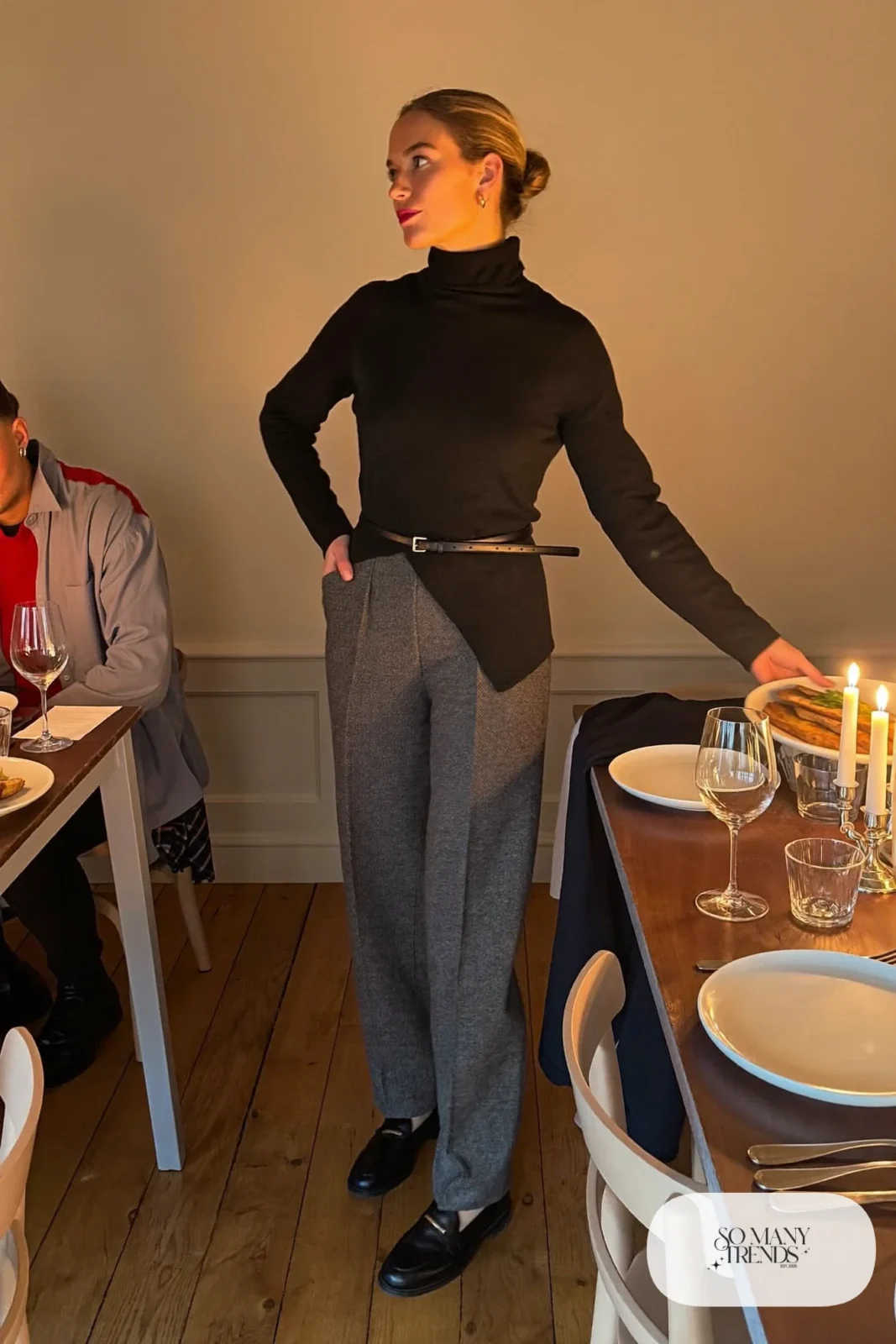 gray wool wide-leg trousers black fine turtleneck black leather belt black loafers outfit 23