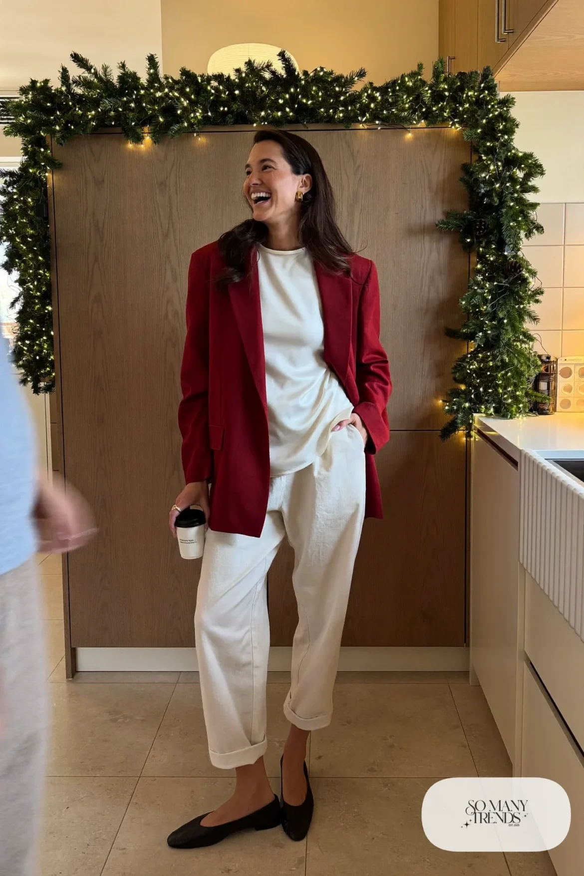 cranberry red oversized blazer cream barrel-leg pants white silk top black flats outfit 24