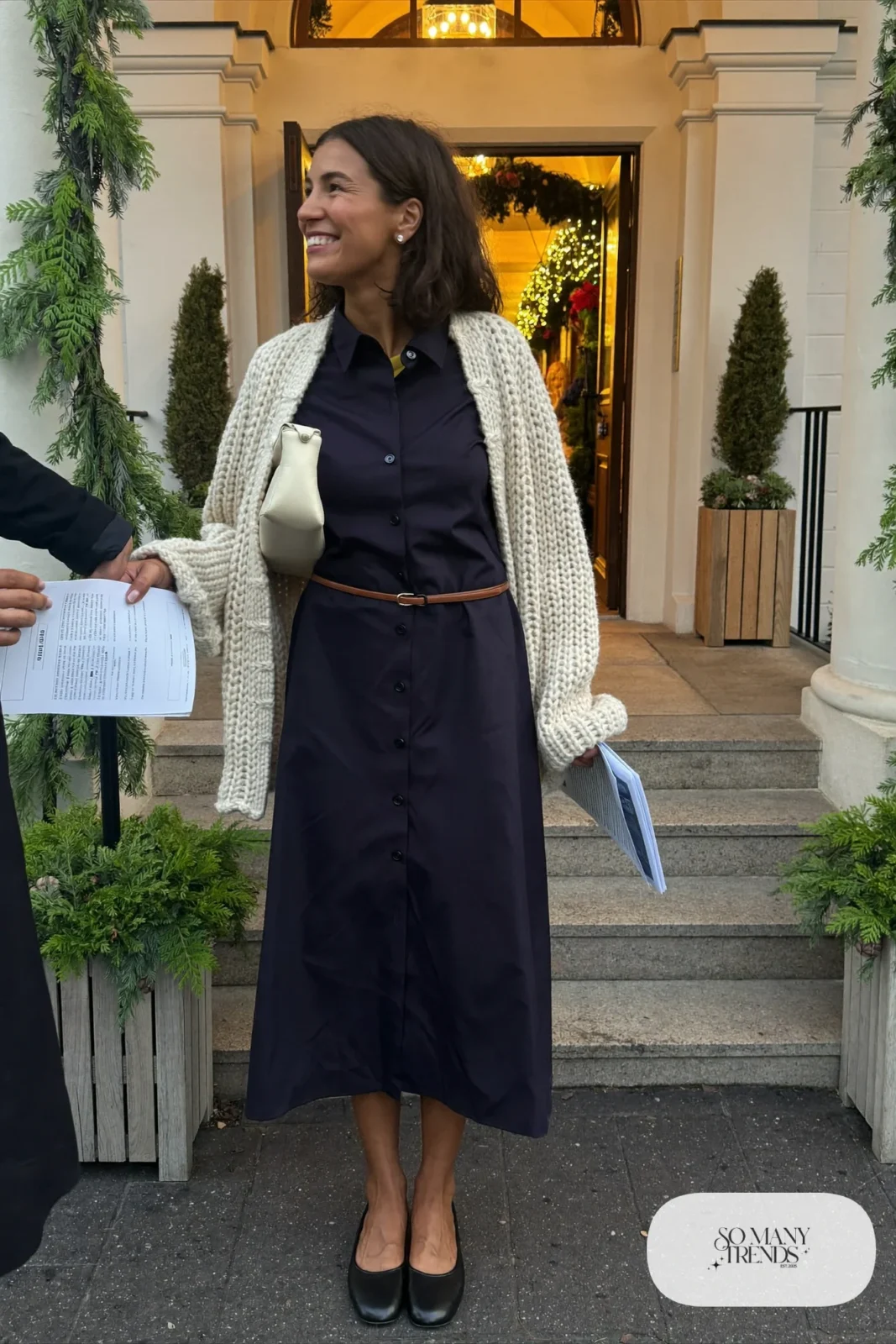 navy long sleeve midi shirt dress cream cardigan thin belt black flats outfit 25