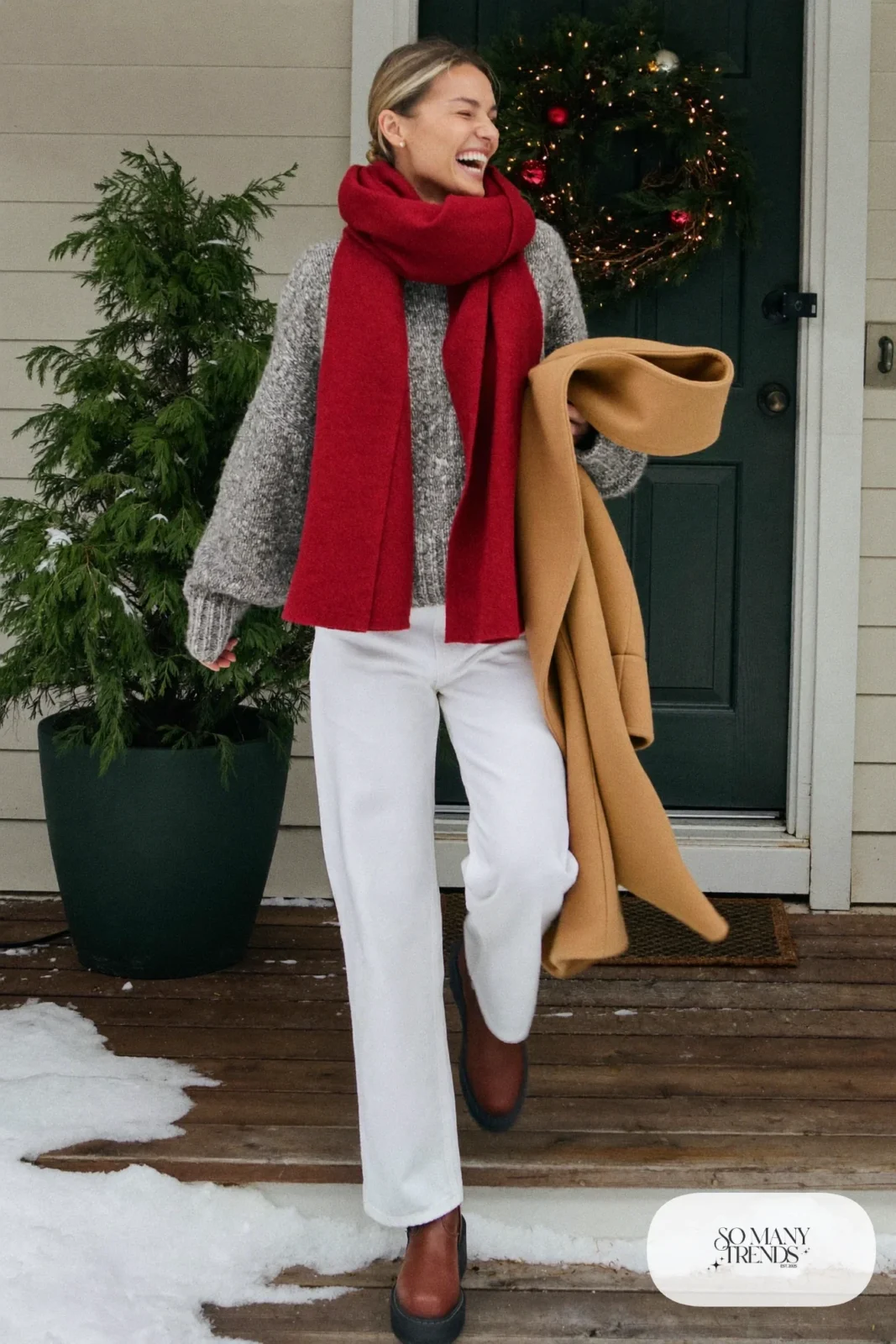 gray chunky sweater white straight jeans red wool scarf brown leather ankle boots outfit 27