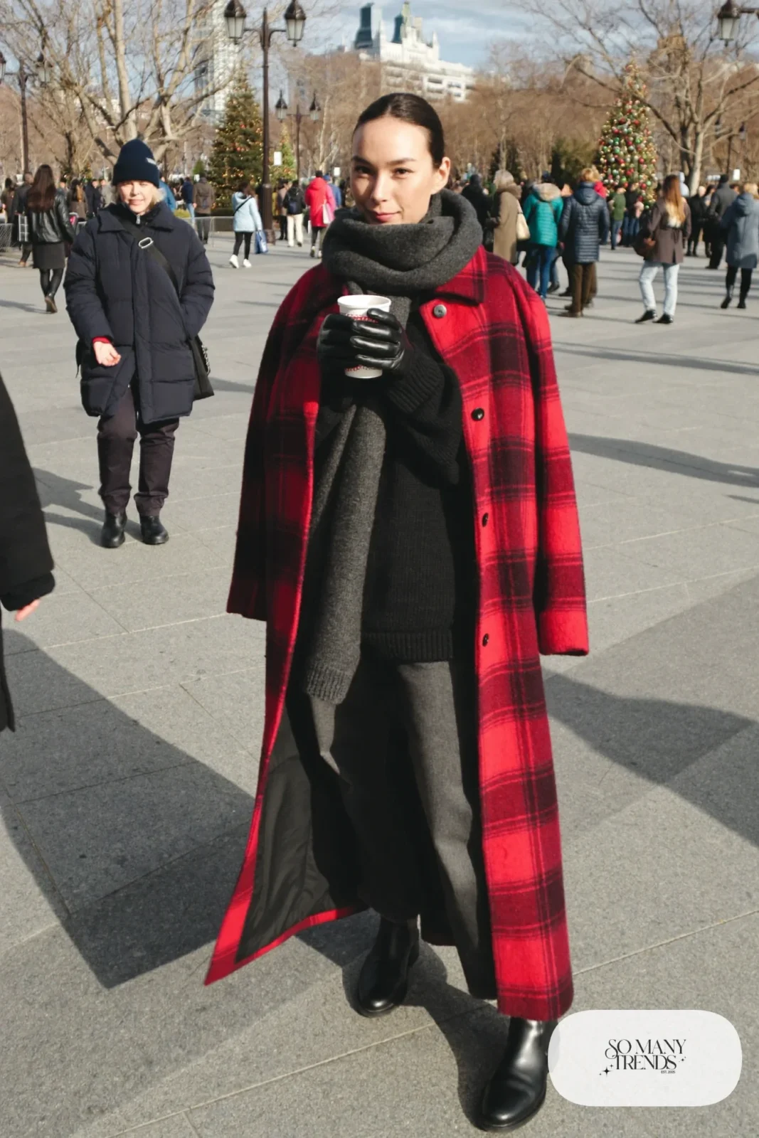 long red black plaid wool coat black knit sweater dark jeans black Chelsea boots charcoal scarf outfit 6