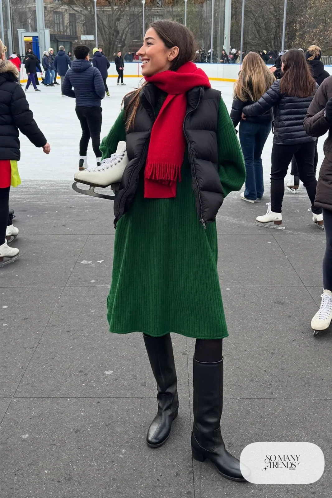 forest green ribbed knit midi dress black puffer vest opaque tights black knee-high boots red scarf outfit 8