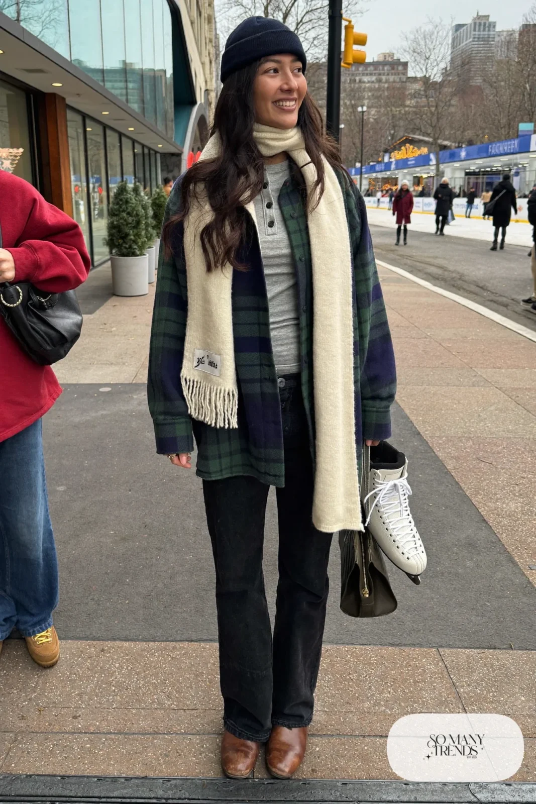 green navy plaid flannel shirt jacket gray thermal henley black straight jeans brown boots cream knit scarf outfit 11