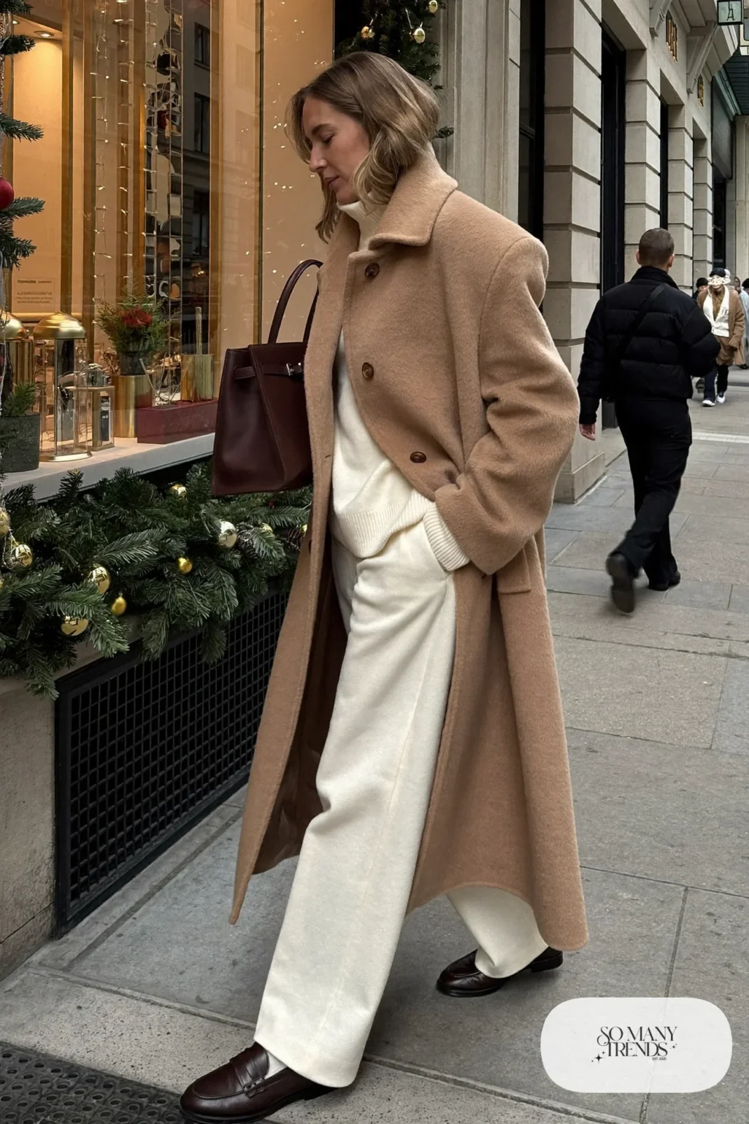 long camel wool coat cream knit sweater cream wide-leg pants chocolate brown leather bag brown loafers outfit 13