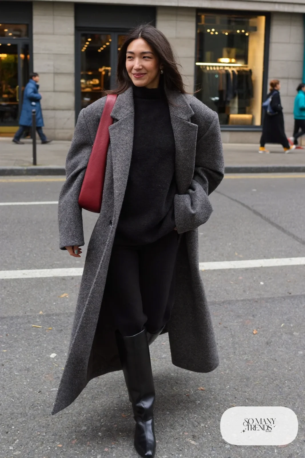 long gray wool coat black knit sweater black straight pants black boots red leather shoulder bag outfit 18