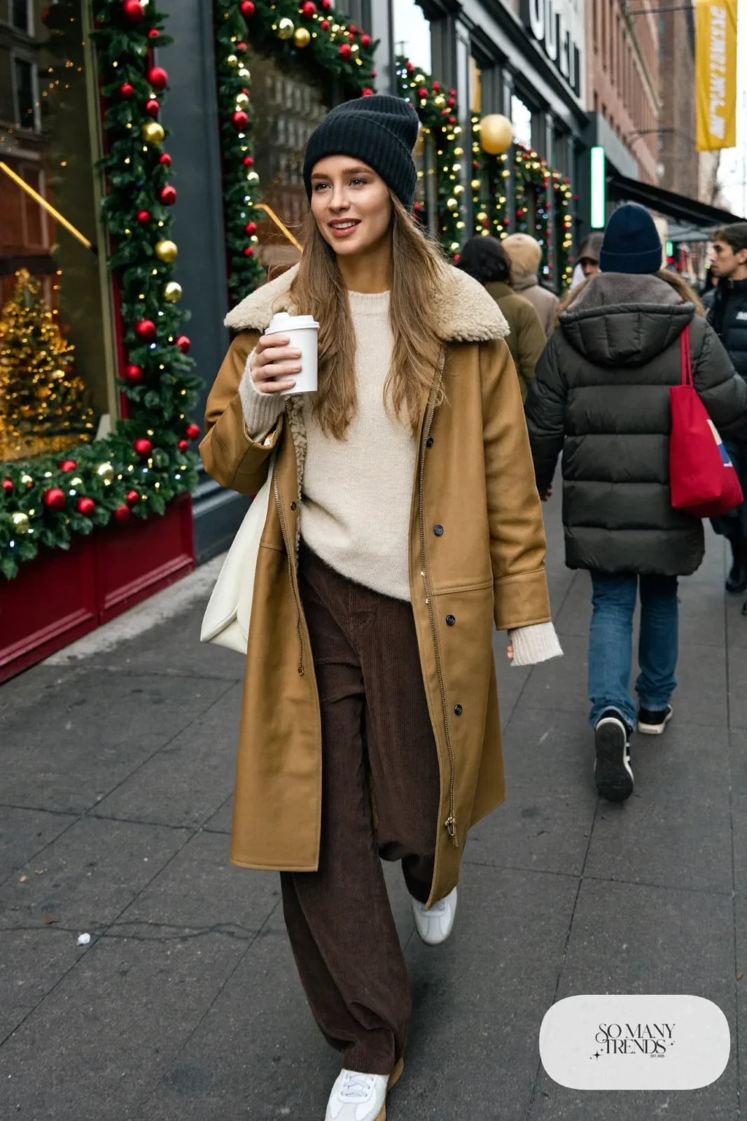 chocolate brown wide-leg corduroy pants cream sweater tan jacket with shearling collar white sneakers outfit 19