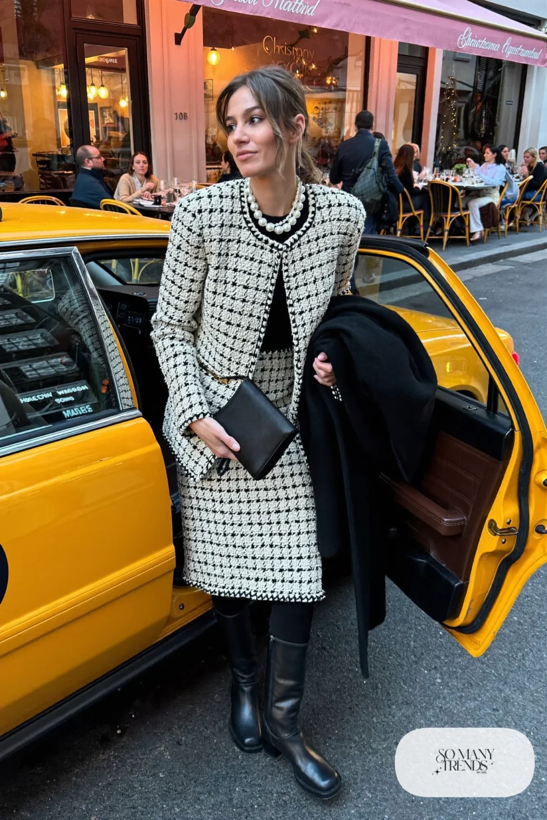 ivory black tweed jacket and midi skirt set black tights low block-heel boots pearl necklace black wool coat outfit 23
