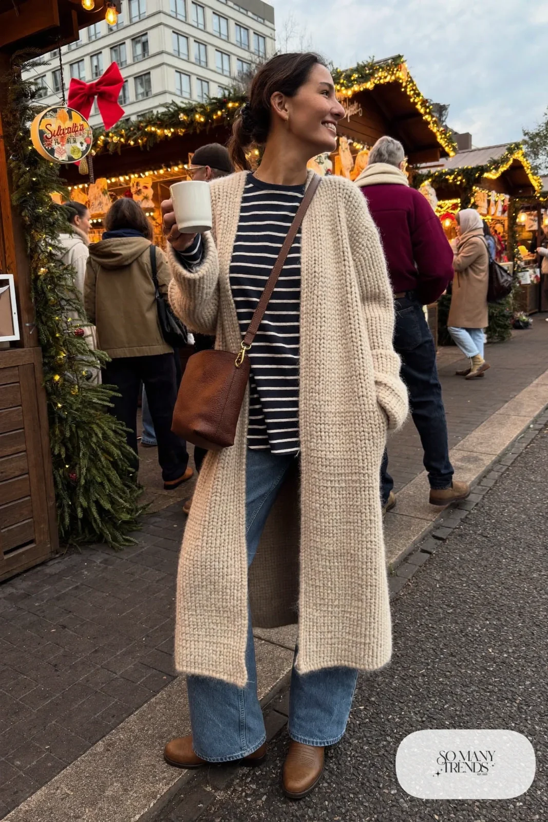 long oatmeal chunky cardigan coat striped tee straight jeans brown flat boots crossbody bag outfit 27