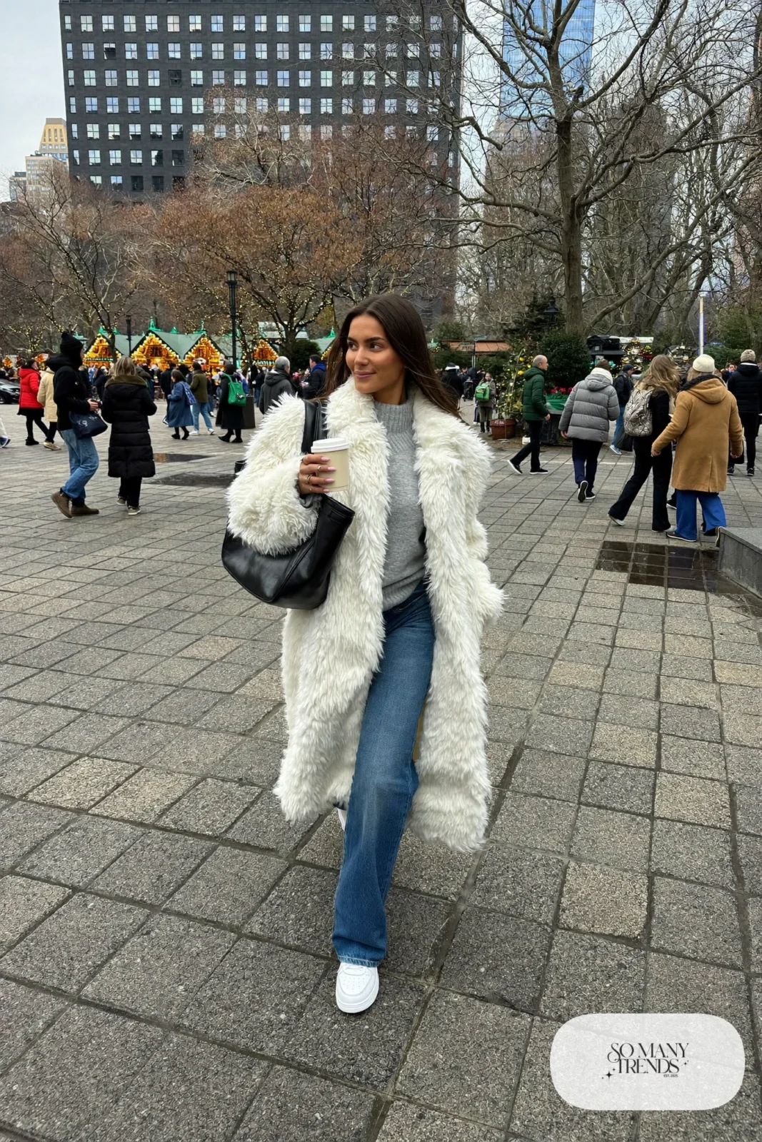 oversized ivory teddy coat gray knit sweater medium-wash straight jeans white sneakers black tote outfit 28
