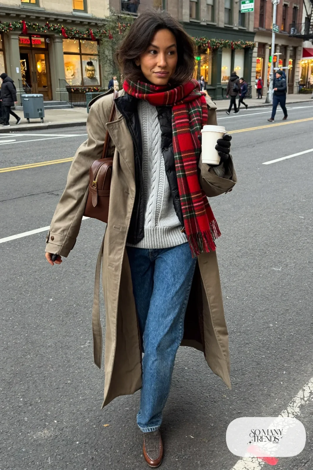 stone belted trench coat gray knit sweater thin down vest straight jeans brown loafers plaid scarf outfit 30