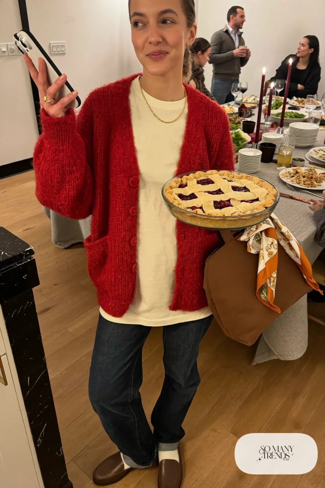 oversized cranberry cardigan cream tee dark straight jeans brown loafers socks friendsgiving outfit 1