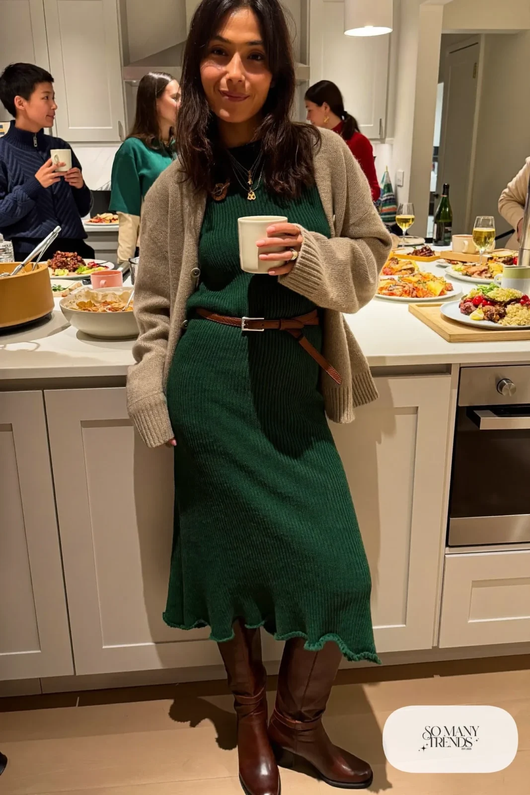 forest green midi sweater dress long camel cardigan knee-high brown boots belt holiday outfit 3