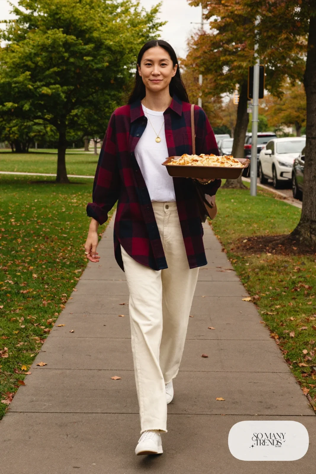 burgundy navy plaid shirt jacket white tee cream jeans white sneakers crossbody bag outfit 4