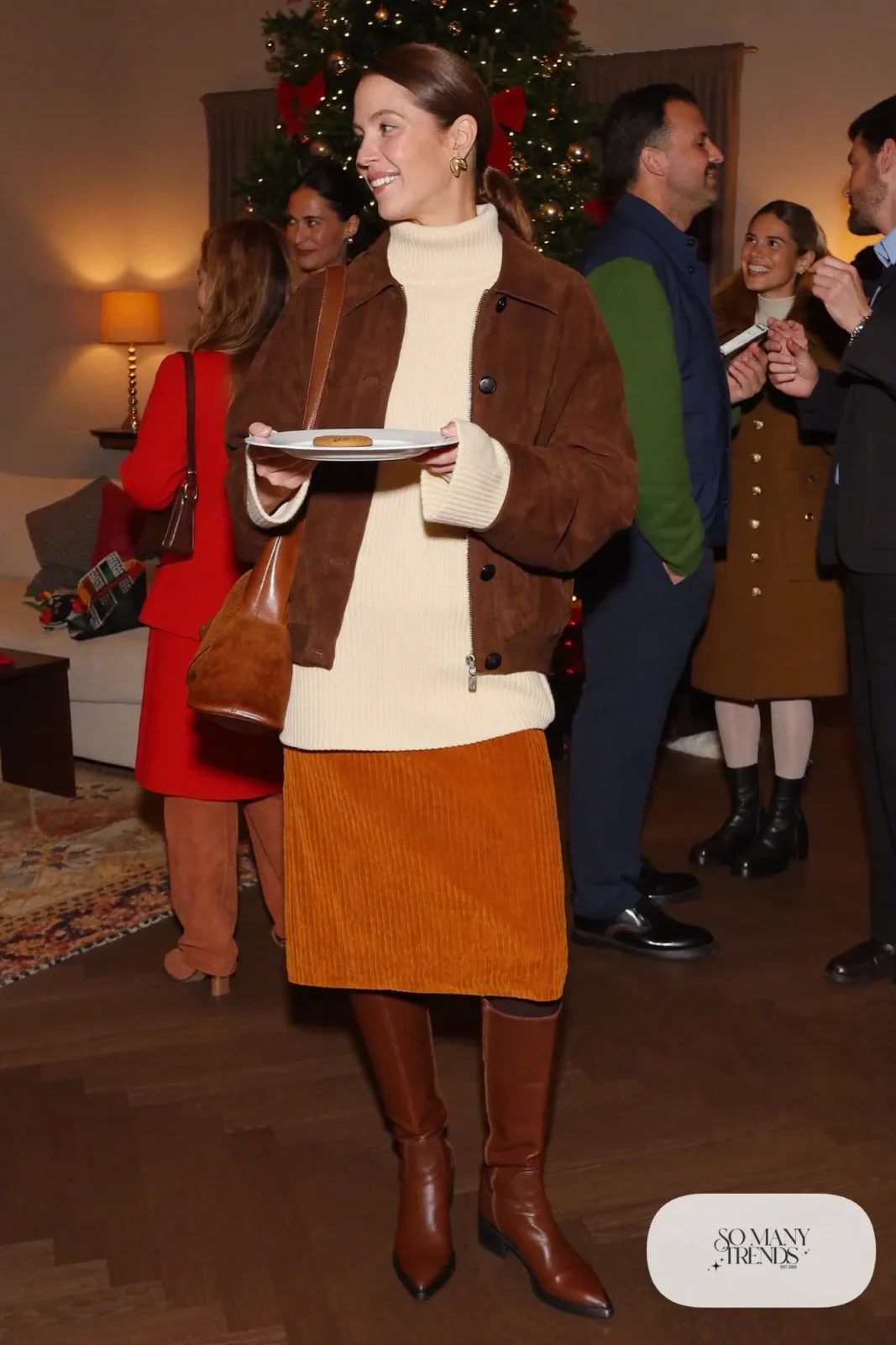 burnt orange corduroy midi skirt cream turtleneck brown suede jacket brown tights tall boots outfit 5
