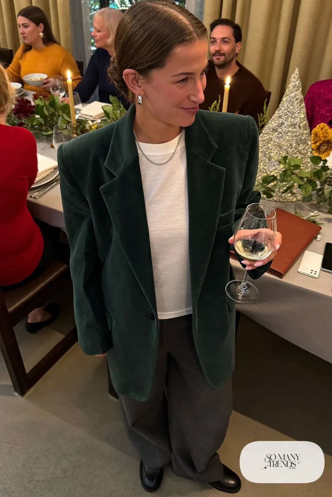 green velvet oversized blazer white tee charcoal wide-leg pants black loafers holiday dinner outfit 6