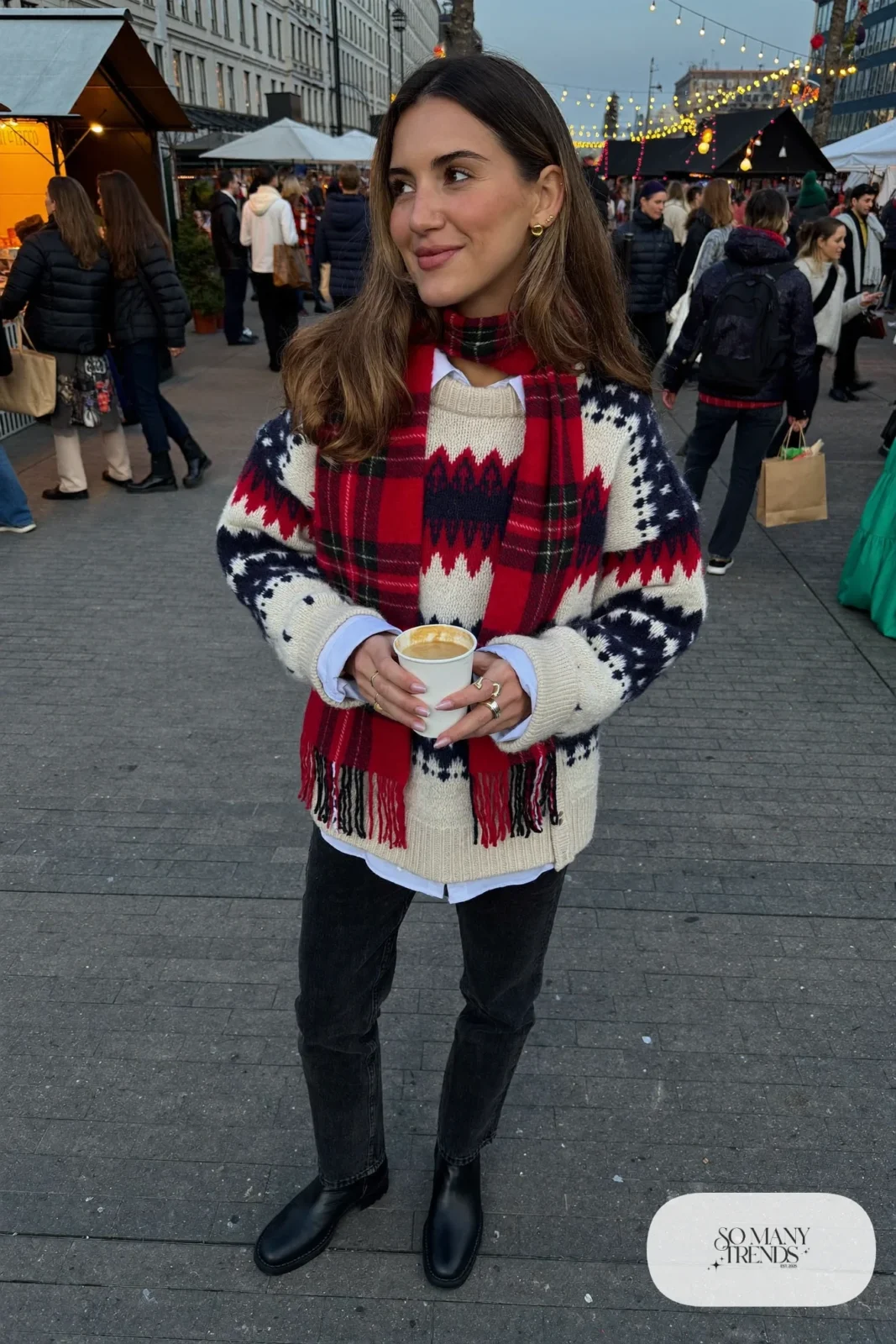 chunky fair isle sweater white collared shirt black jeans black ankle boots plaid scarf outfit 7