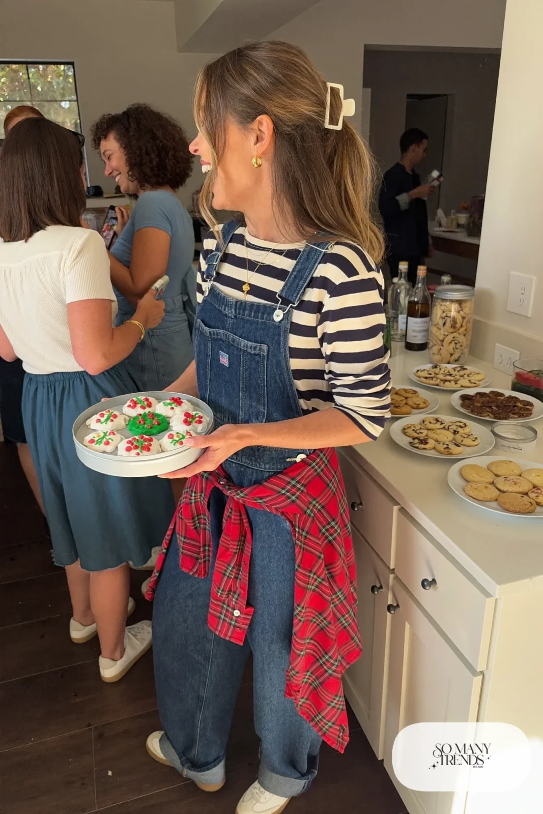 wide-leg denim overalls navy cream striped long-sleeve tee white sneakers flannel at waist cookie swap outfit 8