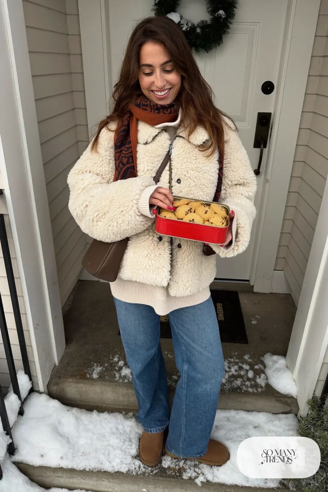 boxy faux shearling jacket cream knit sweater mid-wash straight jeans brown suede ankle boots scarf outfit 13