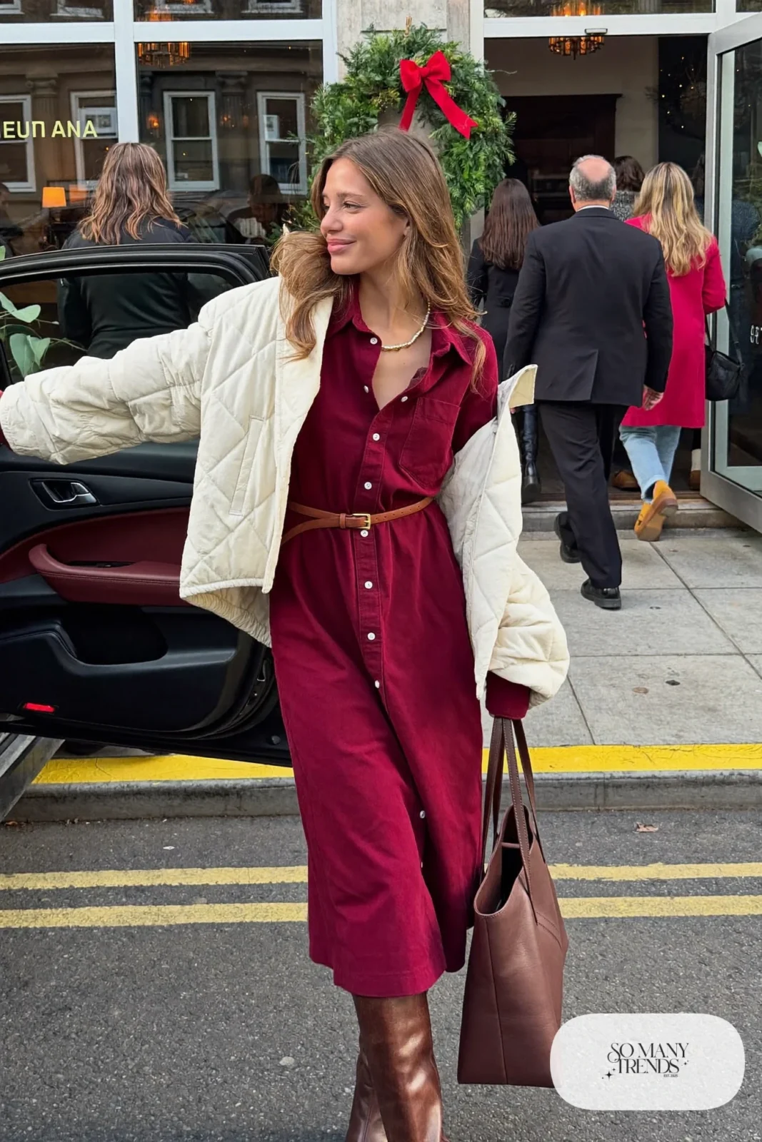burgundy midi shirt dress cream quilted jacket tall brown boots leather belt brunch outfit 16