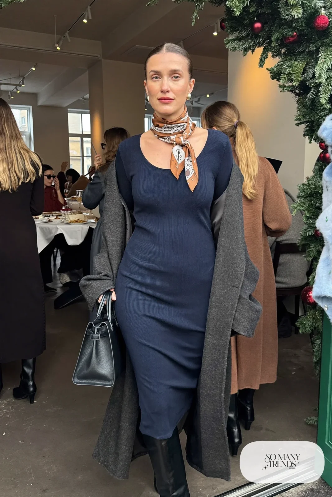 navy knit midi dress long gray wool coat black knee-high boots rust silk scarf brunch outfit 17