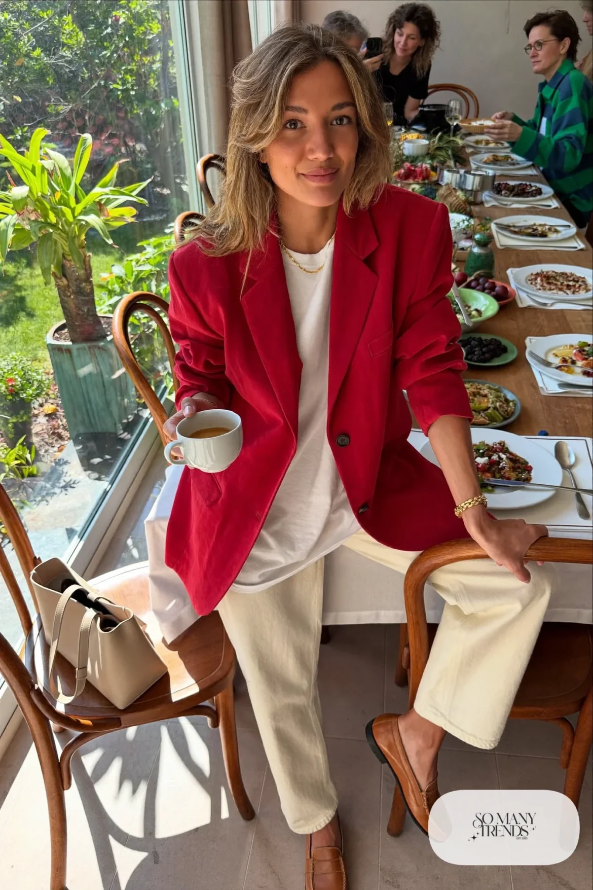oversized cranberry blazer white tee cream jeans tan loafers gold bracelet brunch outfit 18