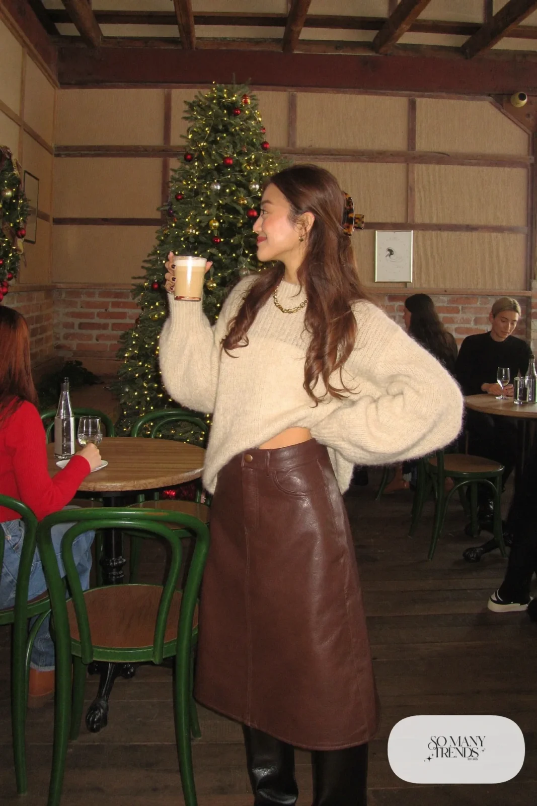 brown faux leather midi skirt cream chunky sweater tall boots gold chain hair clip brunch outfit 19