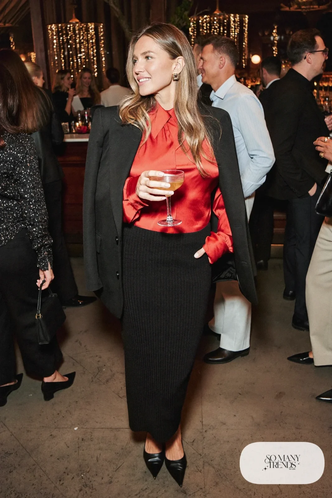 black ribbed knit midi skirt cranberry silky blouse black blazer pointed flats office drinks outfit 22