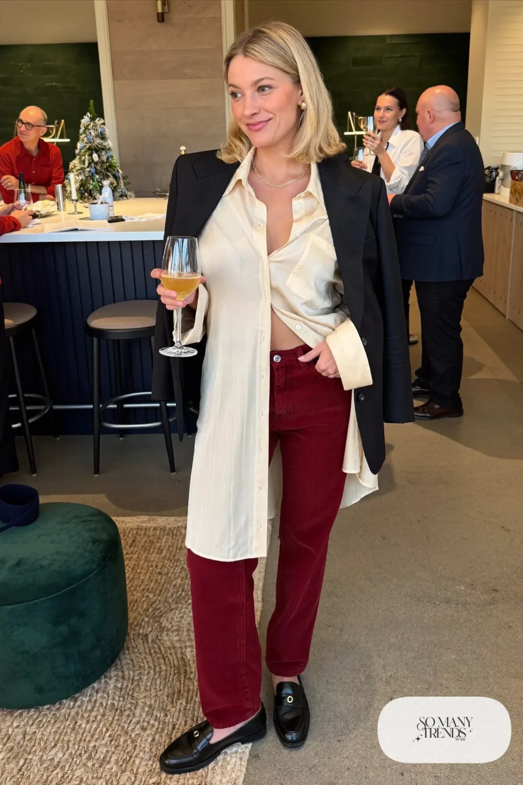 burgundy corduroy straight pants cream silk shirt black blazer heeled loafers office drinks outfit 26