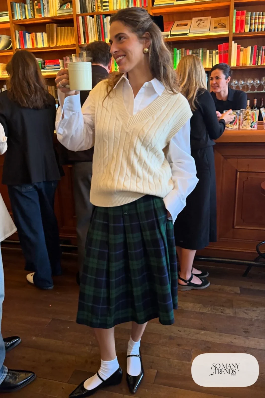 cream sweater vest white shirt green plaid midi skirt black mary janes socks velvet hair bow office drinks outfit 27
