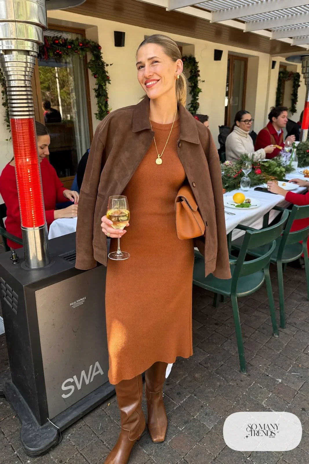 rust knit midi dress chocolate brown suede jacket tall brown boots gold necklace holiday outfit 30