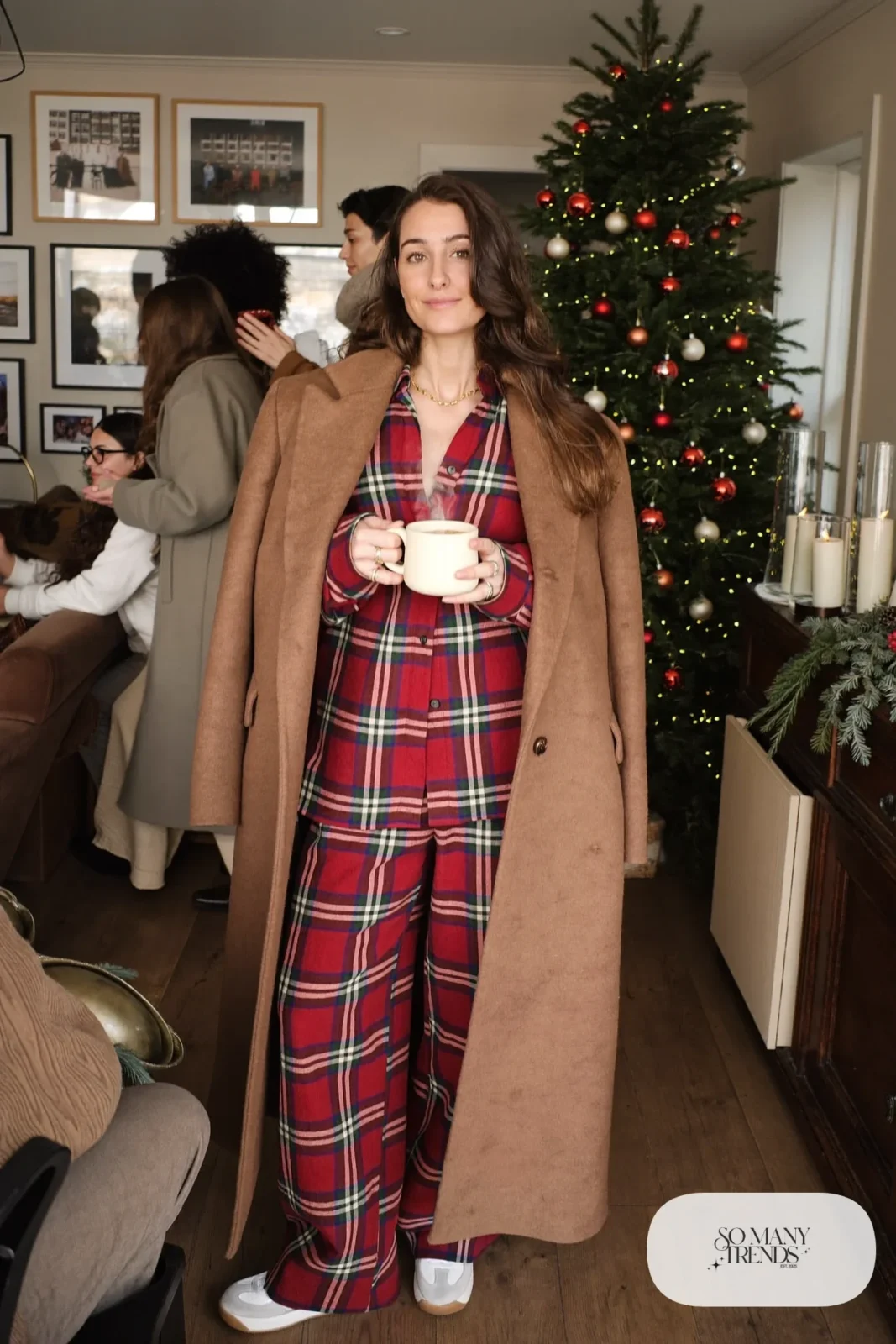 plaid flannel button-up wide-leg pant set camel coat white sneakers gold chain holiday outfit 31