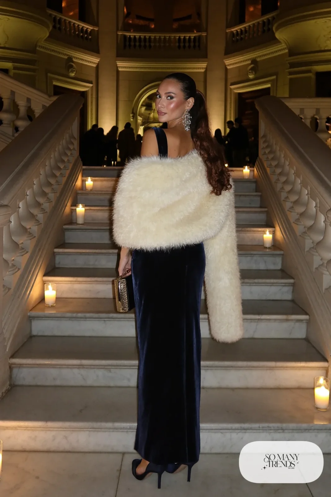 midnight navy velvet column gown with cream faux-fur stole, silver earrings and navy satin heels, formal winter outfit 3