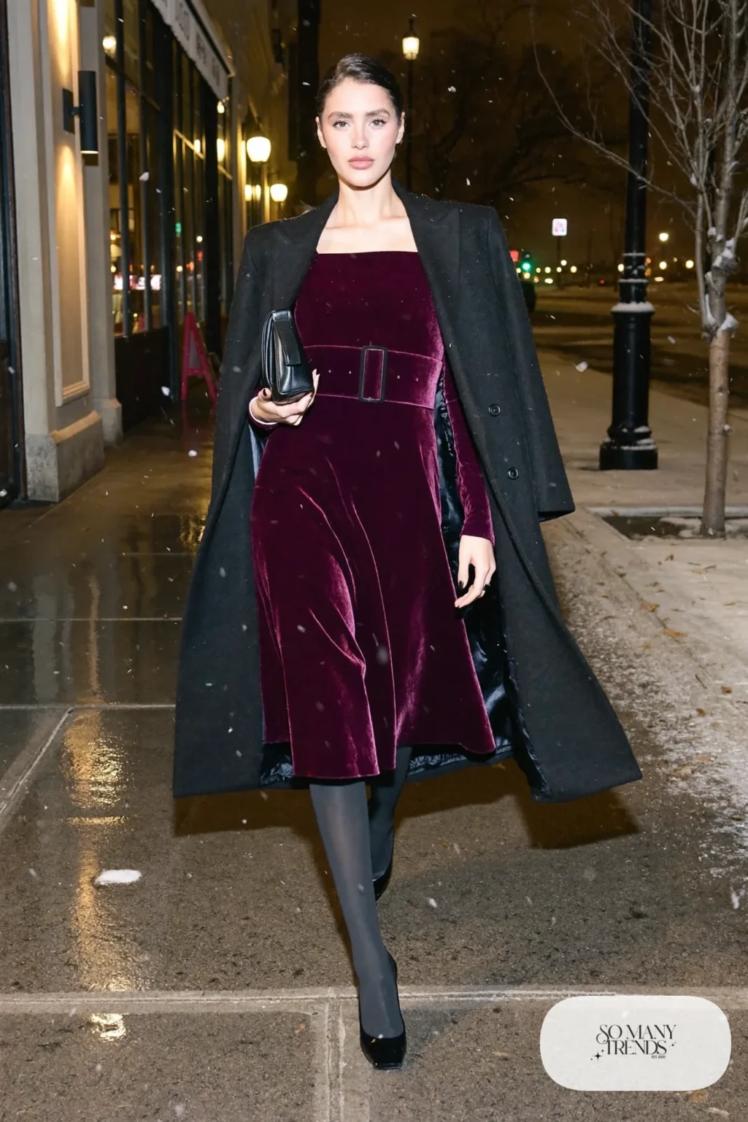 deep plum velvet midi dress with long sleeves, sheer black tights, black pumps and black wool coat, formal winter outfit 18