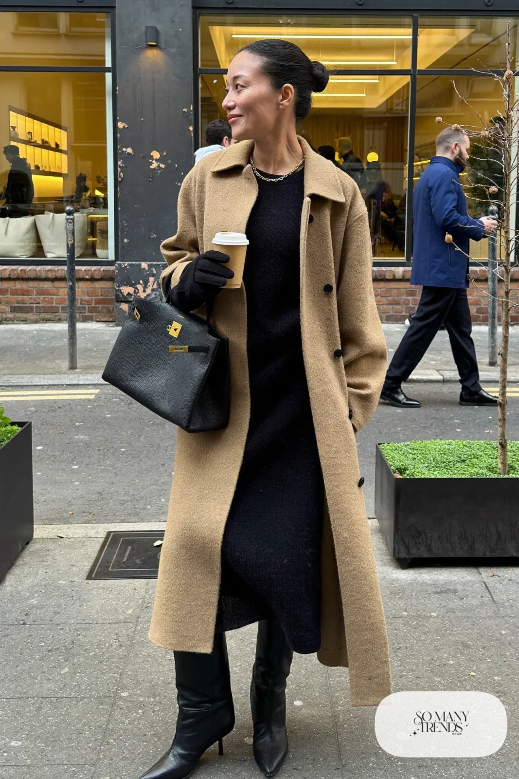 long camel wool coat black knit sweater dress tall black boots gold necklace outfit 2