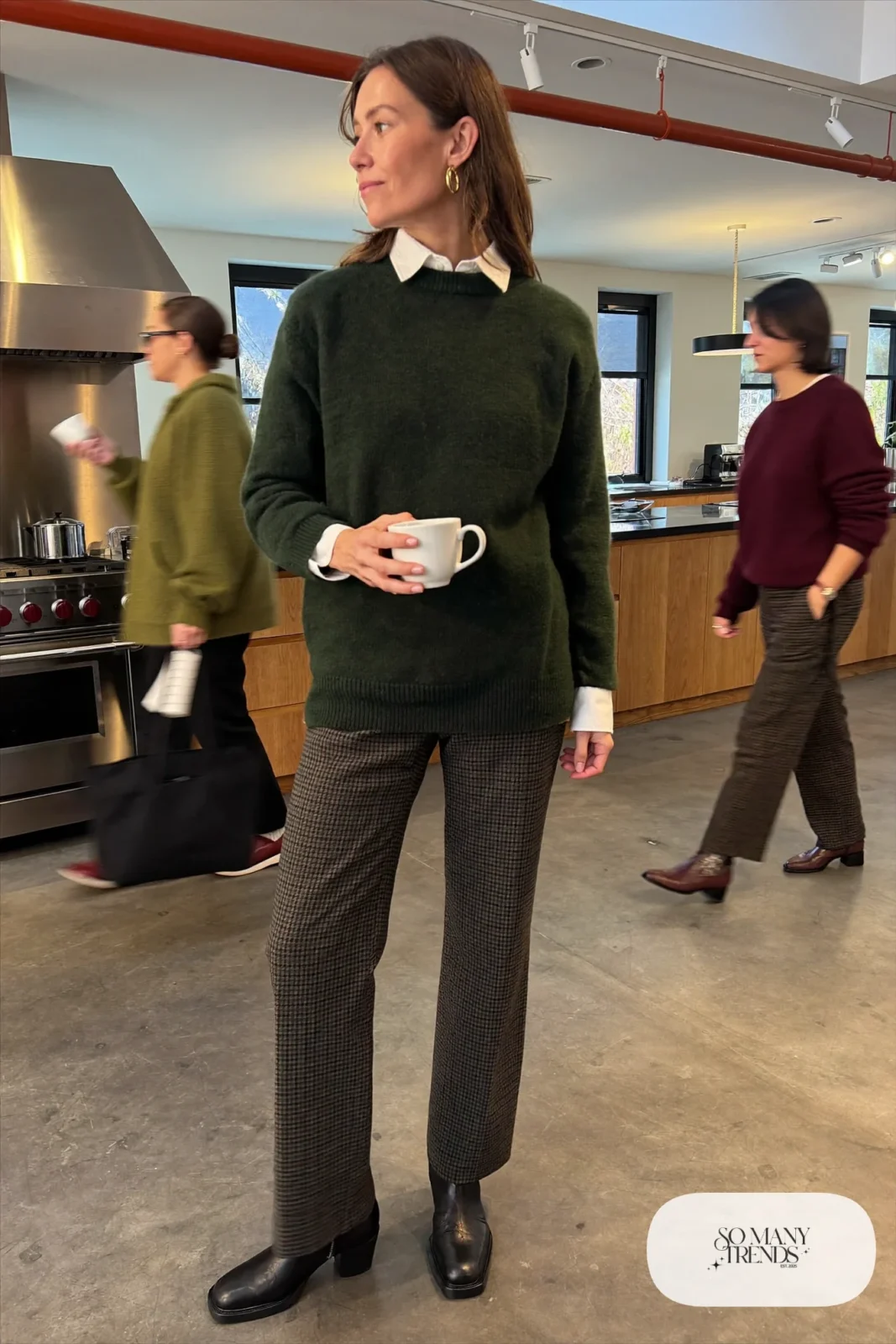 forest green sweater white collared shirt plaid straight pants black ankle boots outfit 3